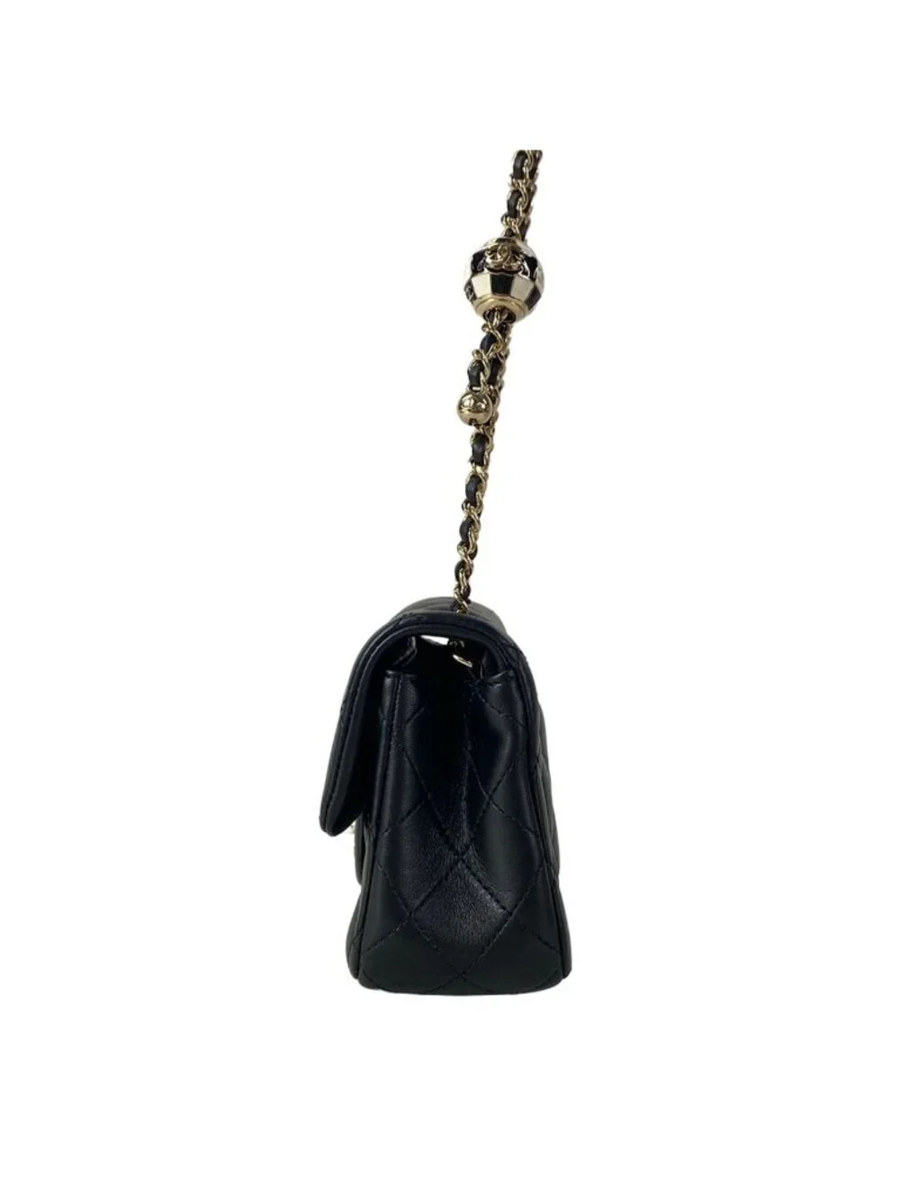Chanel Shoulder Bag Mini Quilted Black Ball Chain Gold Metal Lambskin